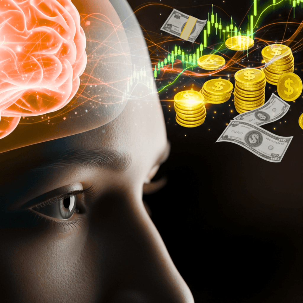 A visual representation of Billionaire Brain Wave and quantum psychology showing a human brain aligned with rising stock charts and gold coins for wealth manifestation.