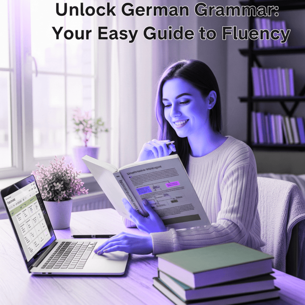 A student using an easy guide to achieve fluency in advanced German grammar.