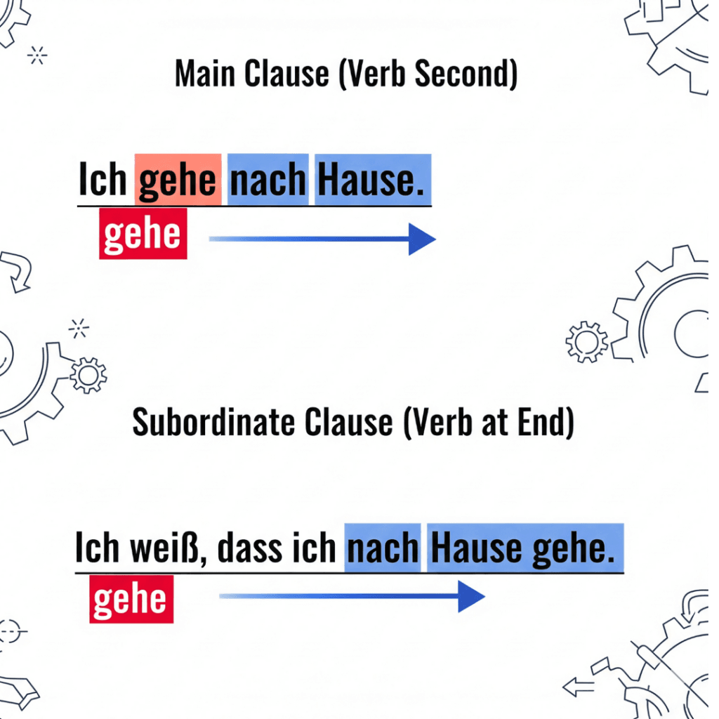 Visualizing advanced German grammar sentence structure showing main and subordinate clause differences.