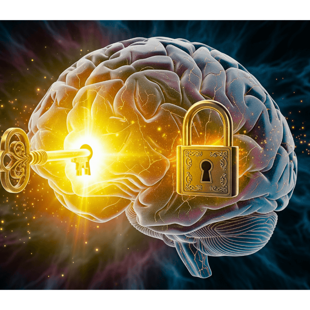 Billionaire Brain unlocking secrets to success with a golden key.