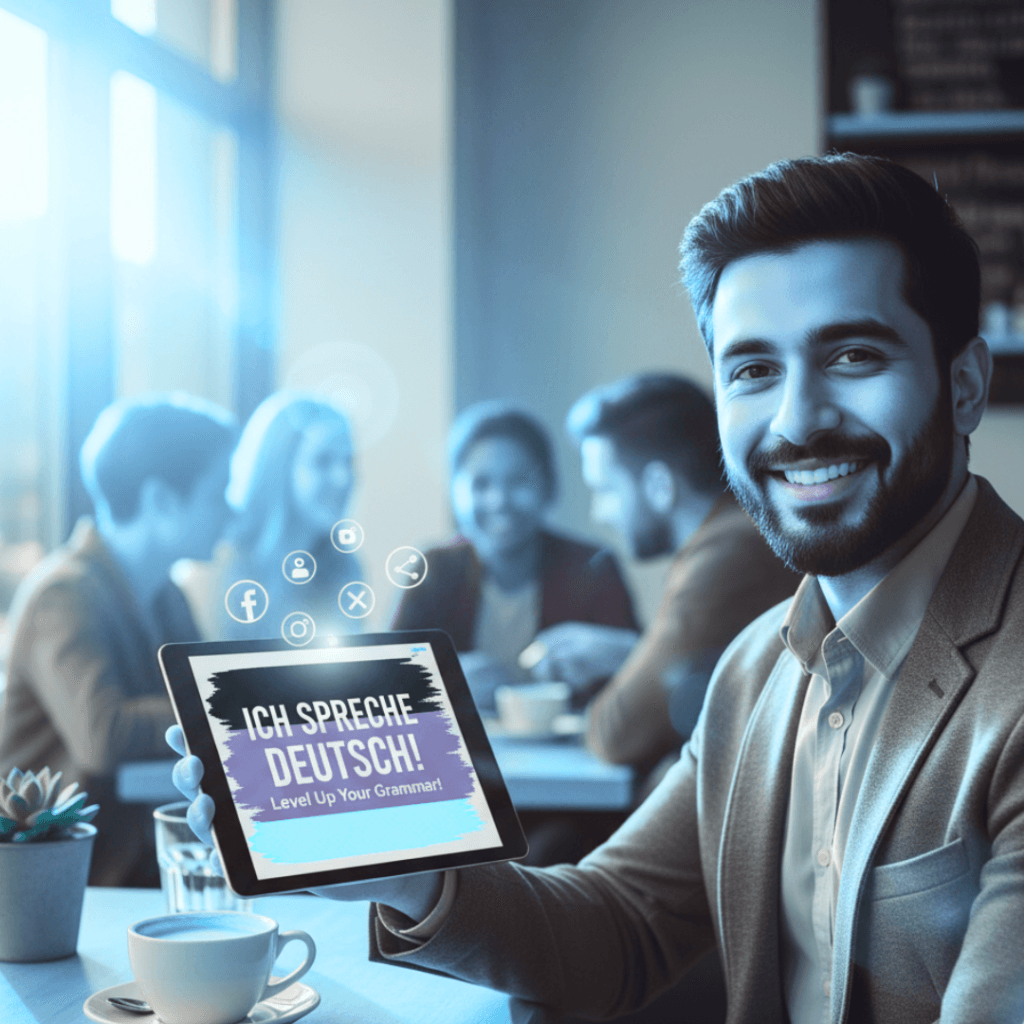 Happy student mastering German grammar worksheet exercises on a digital tablet