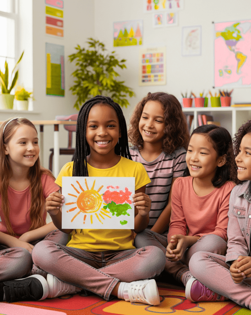 Kids Confidence Building: Happy child showing her painting to smiling group of diverse children in a classroom