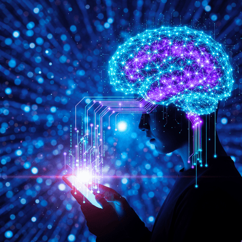 Man engaging with a glowing AI brain connected to his device, symbolizing the use of deep learning for AI Autopilot Business strategy.