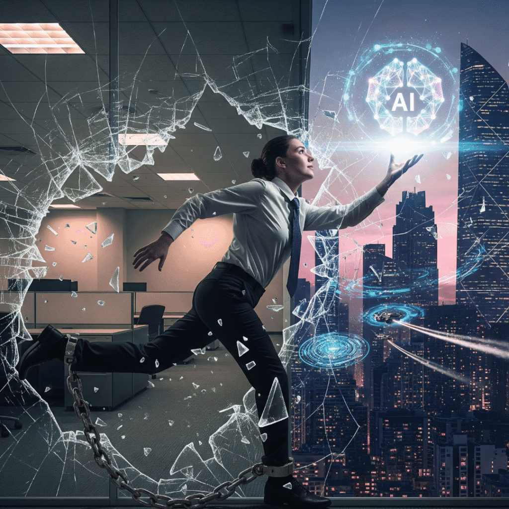 Businessman breaking free from office chains and glass ceiling to achieve AI Autopilot Business freedom in a modern city setting.