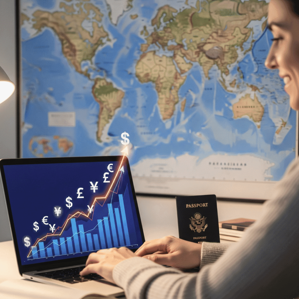 Woman building her global AI Autopilot Business using a laptop showing currency exchange growth charts and a world map in the background.