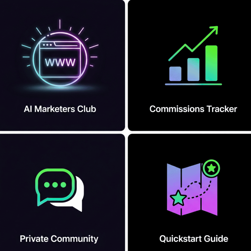 Four foundational resources for AI Autopilot Business success: AI Marketers Club, Commissions Tracker, Private Community, and Quickstart Guide.