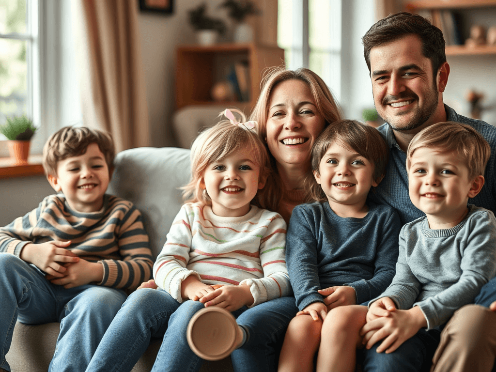 Kids Confidence Building: Happy family (parents and three children) smiling on the couch, symbolizing parental support for self-esteem