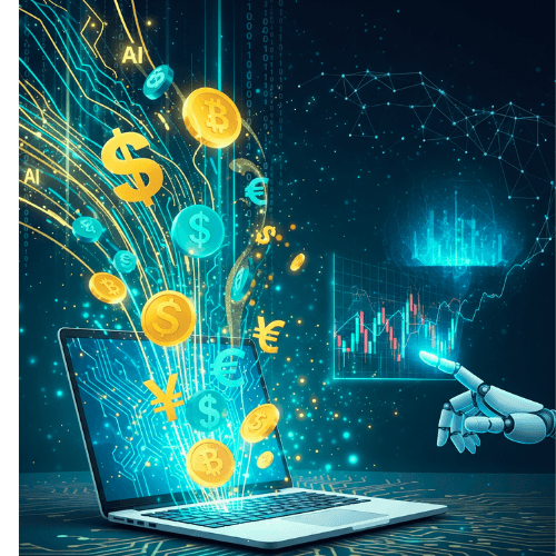 Laptop screen showing an advanced prompt engine generating money and digital currencies, demonstrating how to Make Money with AI through a scalable action plan.