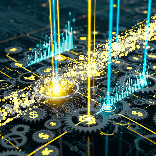 Abstract image of a financial data graph and digital gears, representing the automation and technical skills required to successfully Make Money with AI and create wealth.