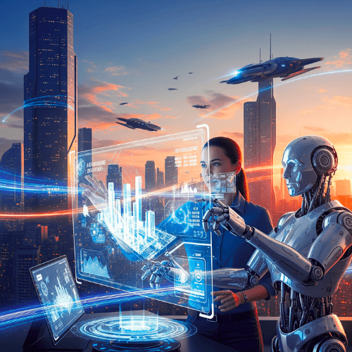 An AI robot and a human professional collaborating in a futuristic city, illustrating the "AI Architect Mindset" needed to Make Money with AI by designing automated systems.