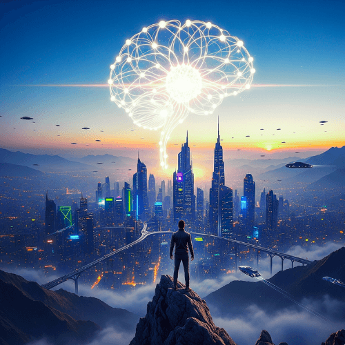 Man standing on a cliff overlooking an AI-powered smart city, symbolizing the potential to Make Money with AI and build a scalable digital business.