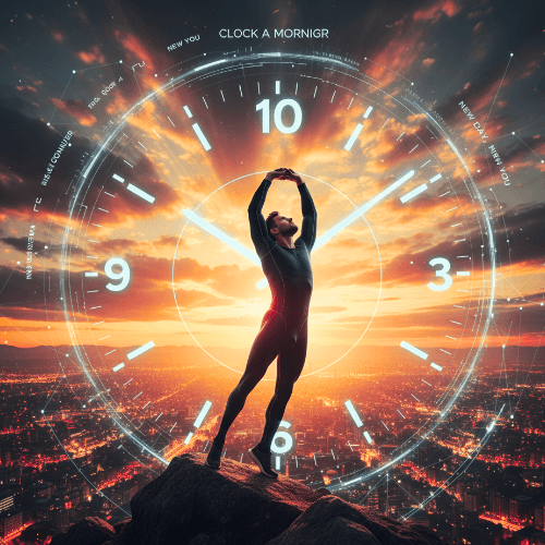 Man standing on a clock, focusing on time and routine to strengthen willpower and manage triggers.