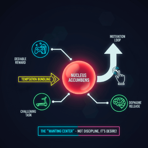 The Willpower Blueprint: Neuroscience hack showing how Temptation Bundling creates a motivation loop using the Nucleus Accumbens.