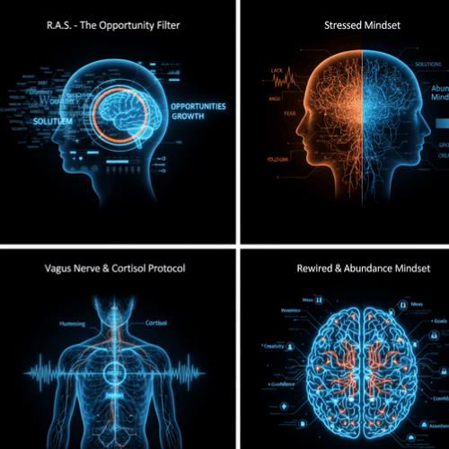 Vagus Nerve Hacking explained: Visualizing the entire biological transformation from a stressed mindset to a rewired, abundance mindset using the core protocol.