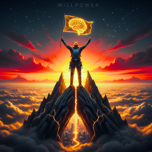 The Willpower Blueprint: A person raising the willpower flag on the peak of success, symbolizing mastery over self-control and overcoming struggles.