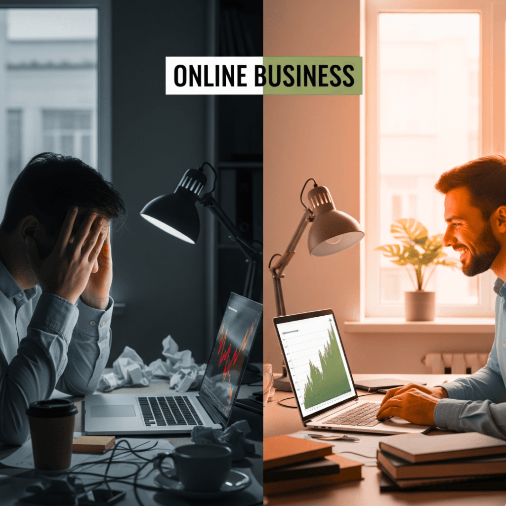 Stressed person with head in hands struggling to make money online after following wrong advice and facing repeated failures.