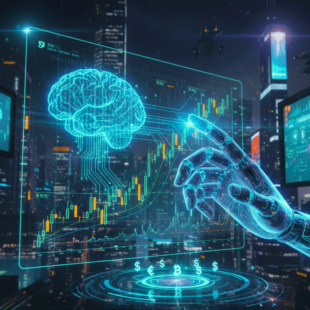 Robotic hand interacting with stock market charts and an AI brain, illustrating automated trading for AI Autopilot Business profits.