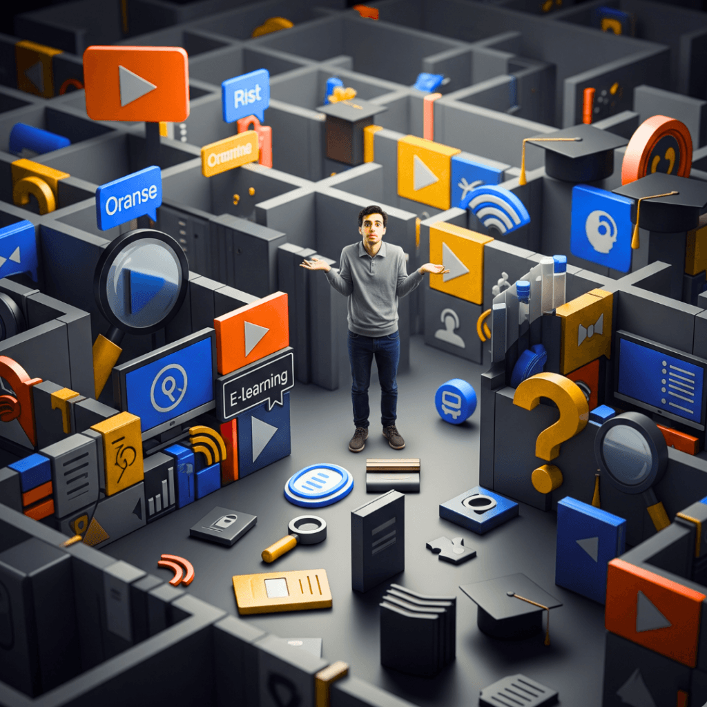 Information overload visualized: A person surrounded by overwhelming digital marketing terms and too many confusing ways to make money online.