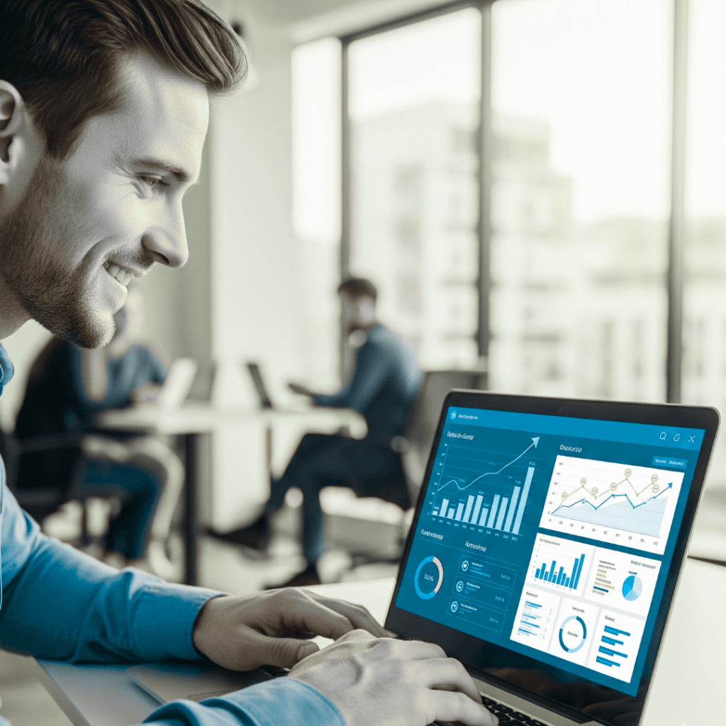 Entrepreneur effectively analyzing data on a laptop, using a systematic and data-driven approach to successfully make money online.