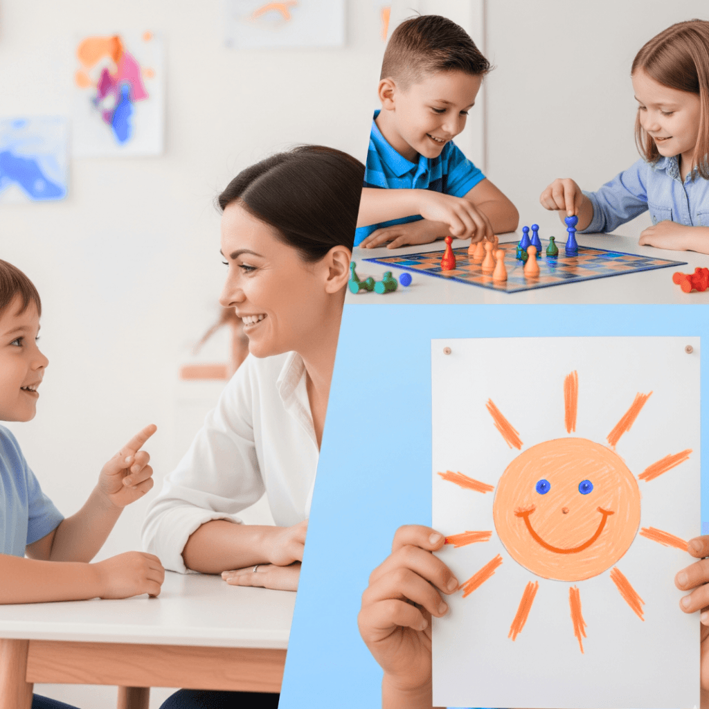 Kids Confidence Building activities: Children engaging in interactive learning, drawing, and playing board games with an adult coach or parent