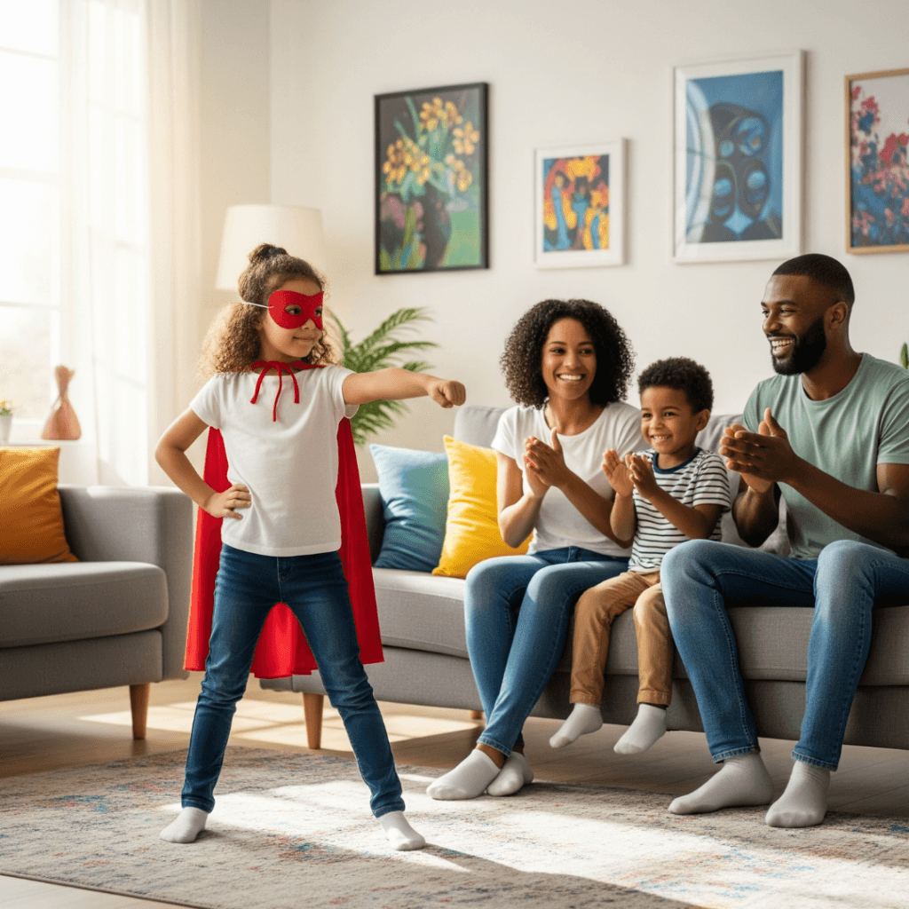 Confident young girl in a superhero costume, embodying strong child self-esteem and positive personality development, watched by her happy family.