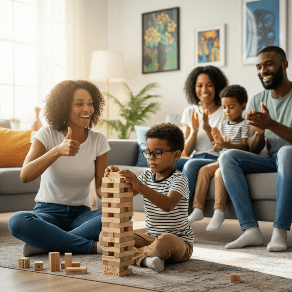 Family playing a focused building block game, highlighting practical activities to support and grow healthy child self-esteem and family bonding.