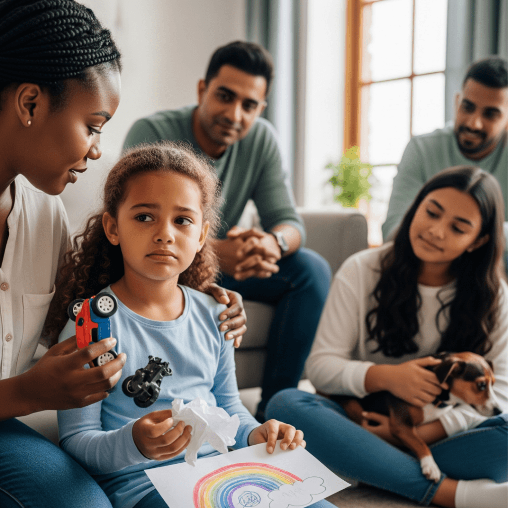 Girl holding a rainbow drawing and small toys, looking sad, surrounded by family offering comfort. This illustrates the importance of allowing children small decisions to build unshakable child self-esteem.