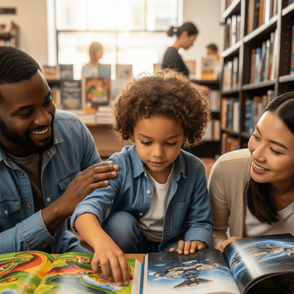 Parents and child reading books together in a bookstore, promoting positive parenting techniques to strengthen child self-esteem through imagination and unstructured playtime.