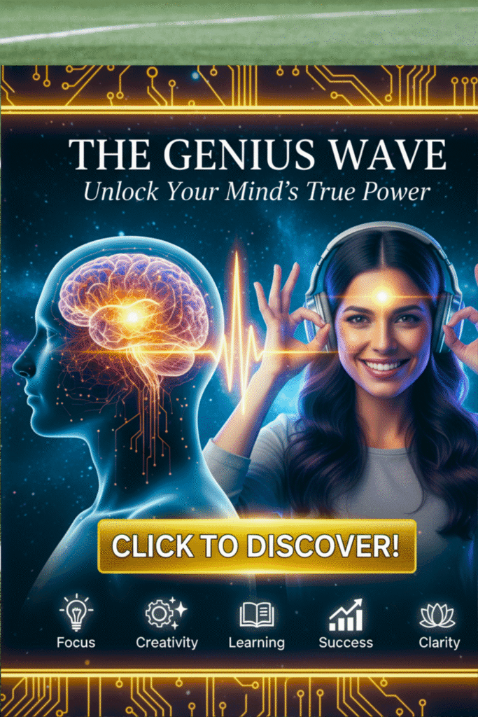 The Genius Wave program cover showing a woman unlocking her mind's true power and activating her brain's potential through sound waves and focus