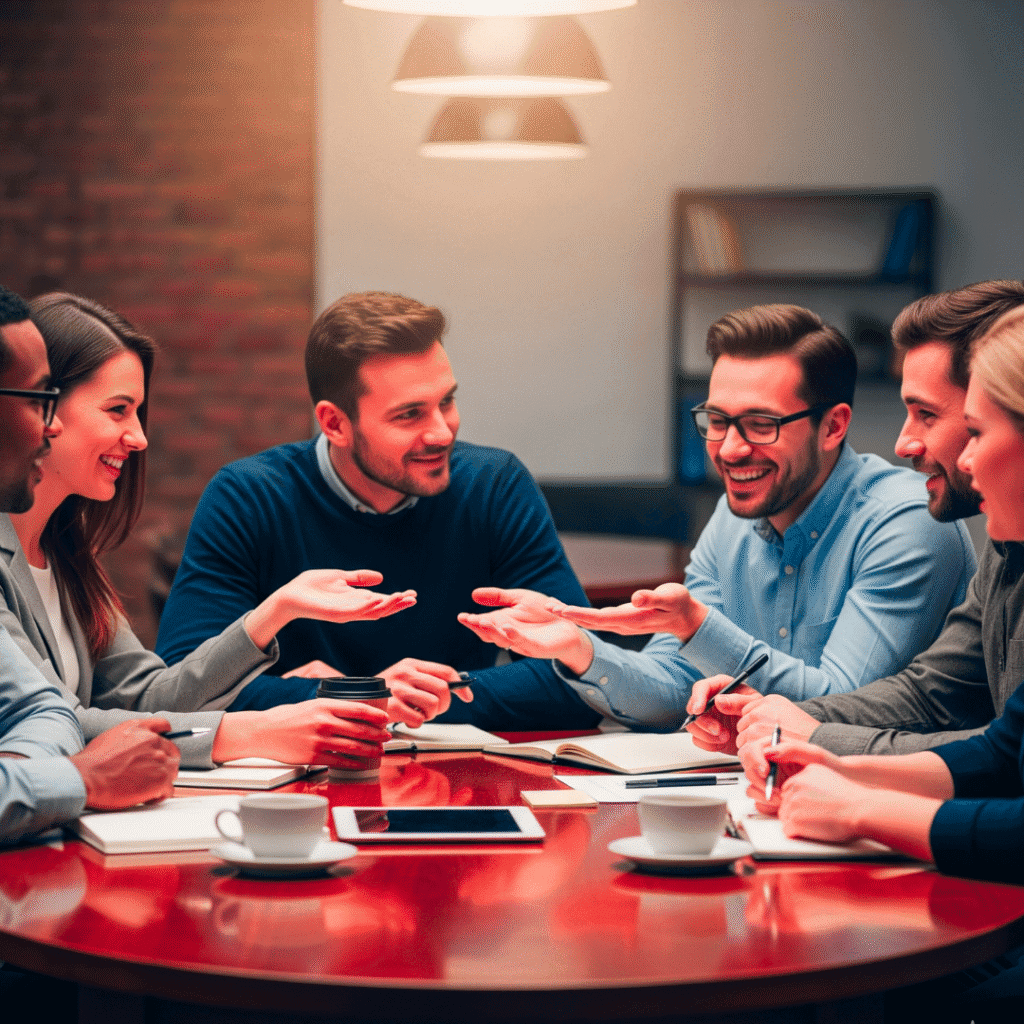 successful coaching business ko aage badhaane ke liye team ki meeting, jismein sabhi log aapas mein vishwas (credibility) aur ranneeti (strategy) par charcha kar rahe hain