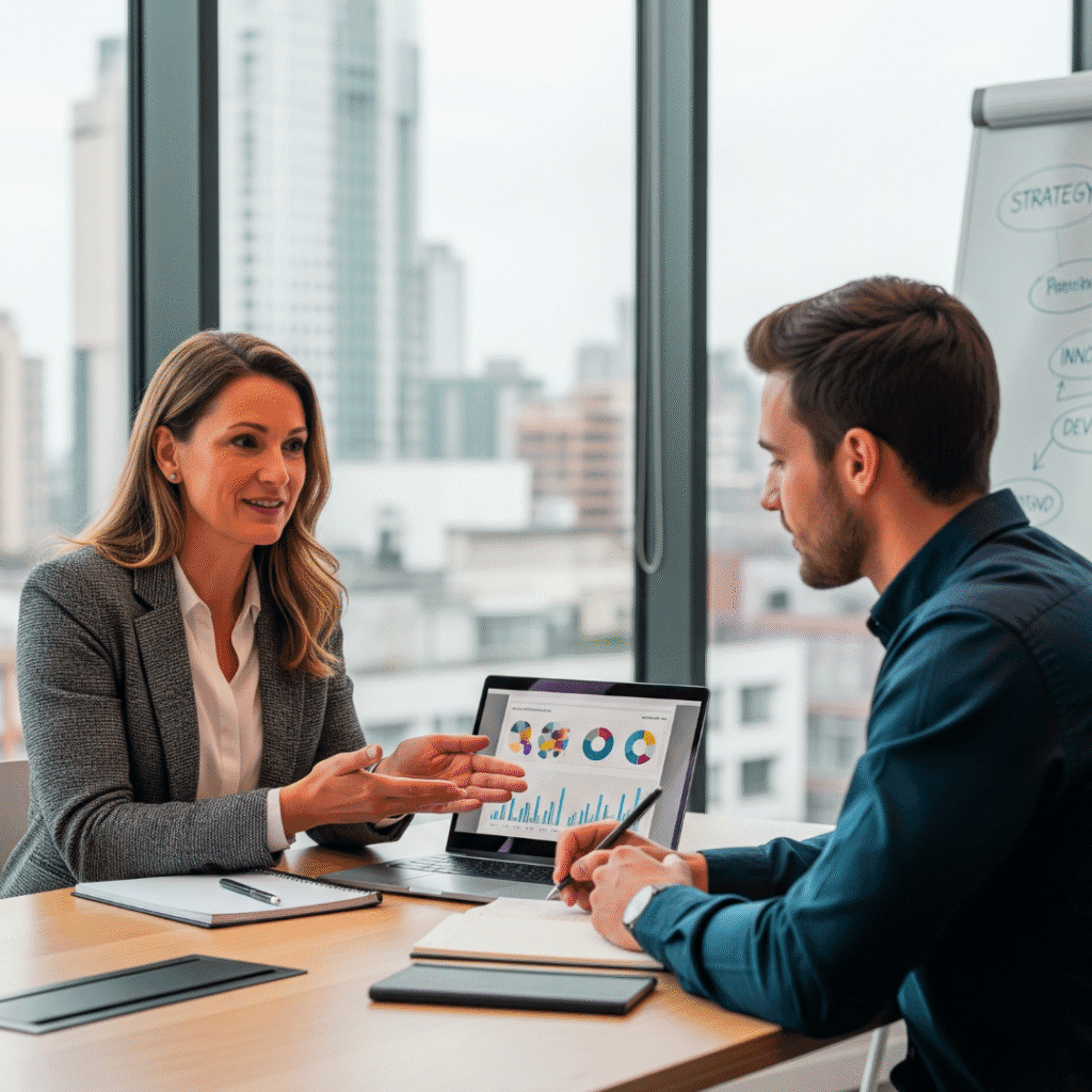 ​successful coaching business mein ek mahila coach apne client ko safalta ki ranneeti (strategy) samjha rahi hai, jismein ve laptop par business growth ka vishleshan (analysis) kar rahe hain