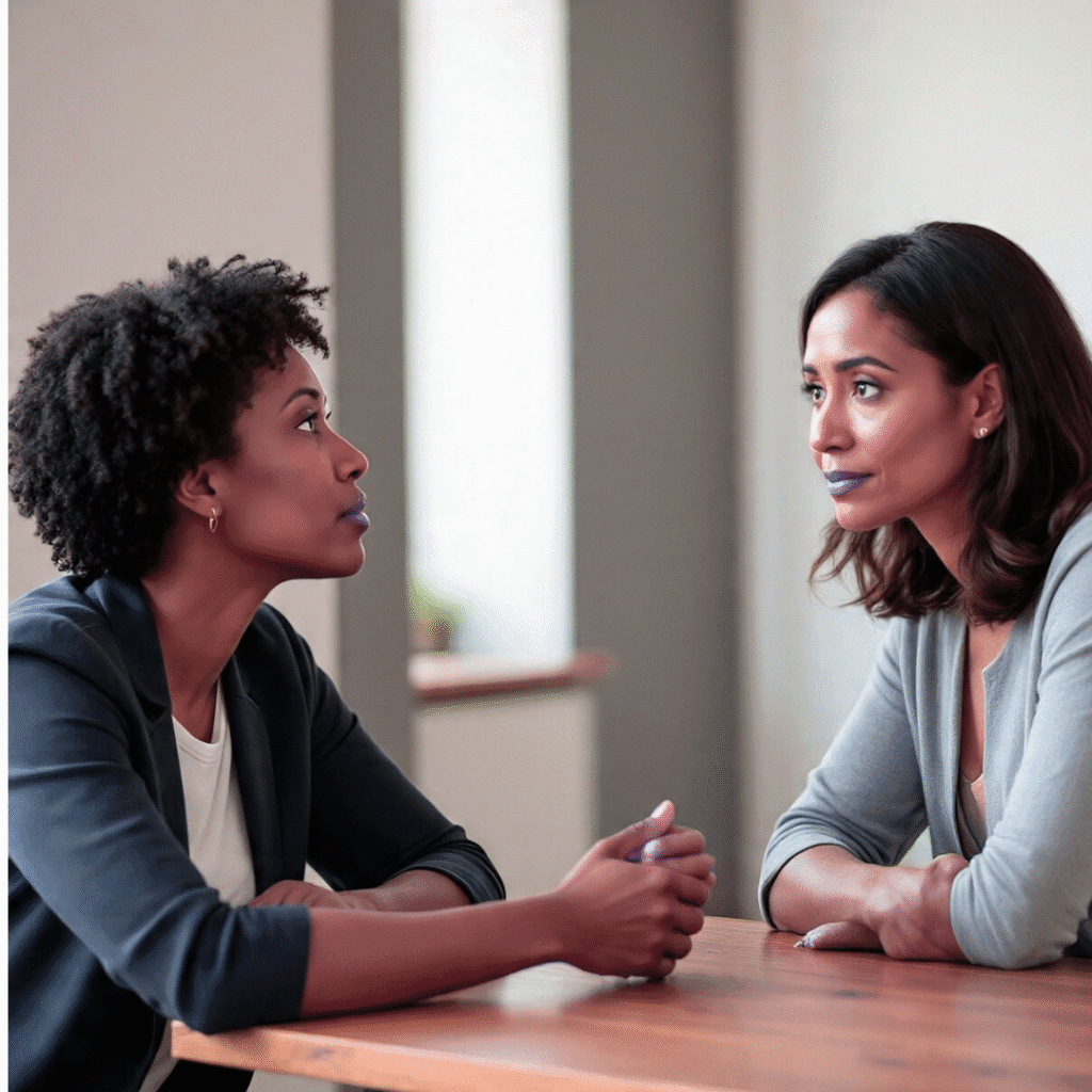 Two professional women, a business coach and her client, engaging in a serious one-on-one consultation meeting.