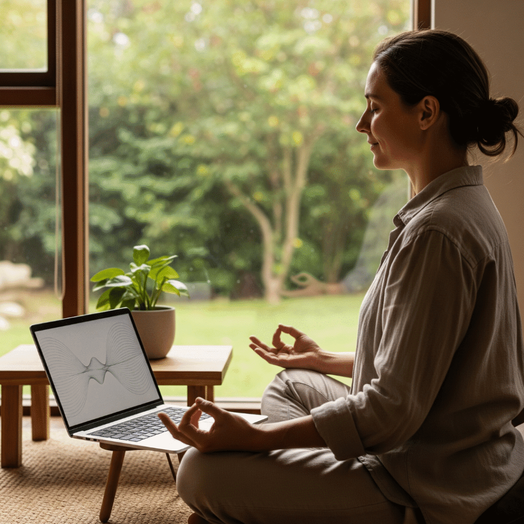 Woman practicing calm Monk Mode meditation in nature, symbolizing quality rest.