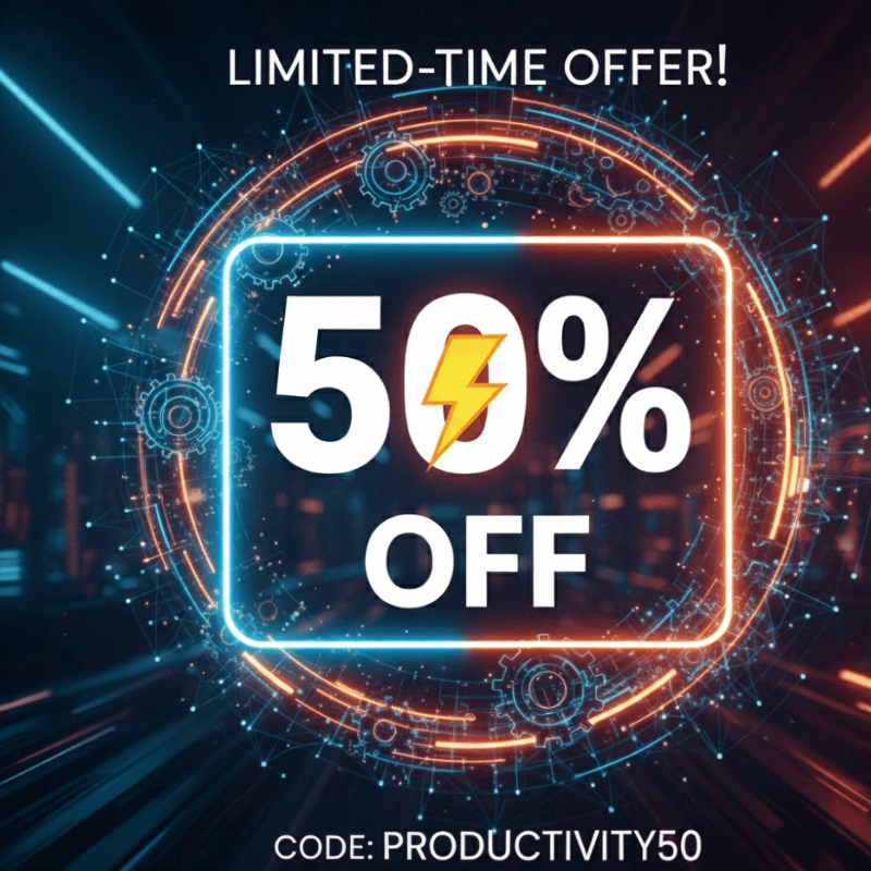 A bright, neon-lit digital banner graphic announcing a "LIMITED-TIME OFFER!" with "50% OFF" in large, bold text with a lightning bolt symbol. A code "PRODUCTIVITY50" is displayed at the bottom. This is a promotional call to action.