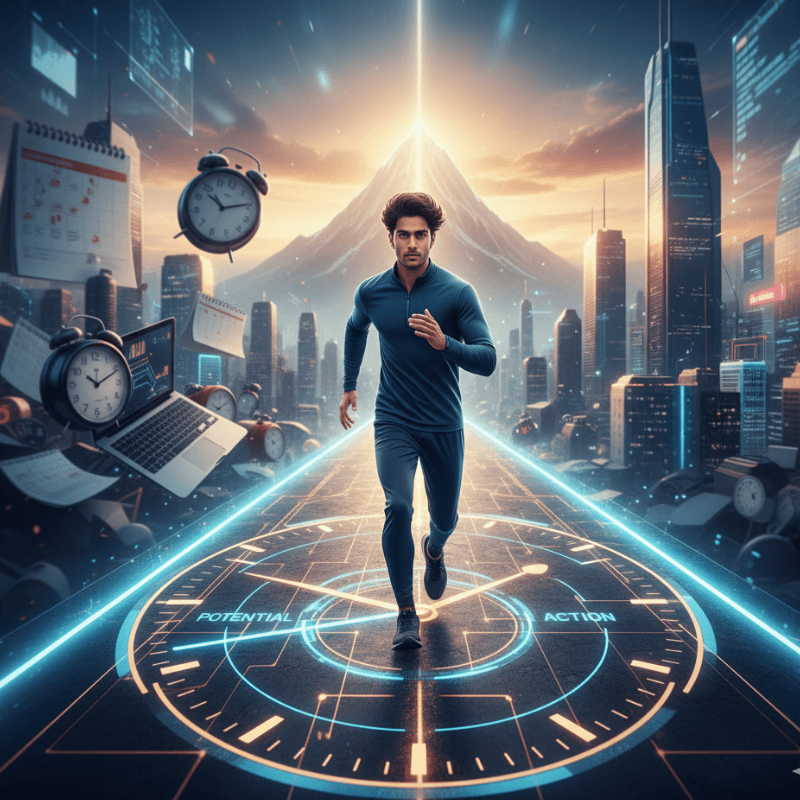 How to end procrastination by taking action: A determined, athletic man in a tracksuit runs confidently down a futuristic path, marked with 'POTENTIAL' and 'ACTION', towards a mountain and city skyline.