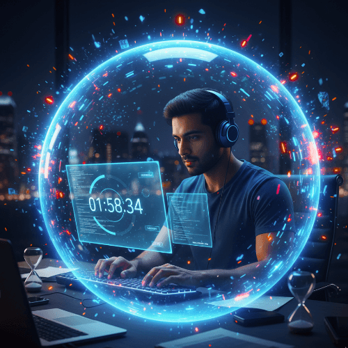 A focused man wearing blue headphones and a dark blue shirt is sitting at a desk, intensely typing on a keyboard, surrounded by a glowing blue circular energy shield (focus zone). The screen shows a digital timer at '01:58:34', symbolizing deep work and distraction blocking.