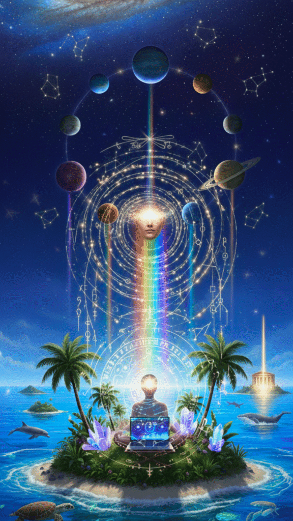 Person meditating on an island using a laptop, representing focus and the precise strategy of Low Return Traffic.