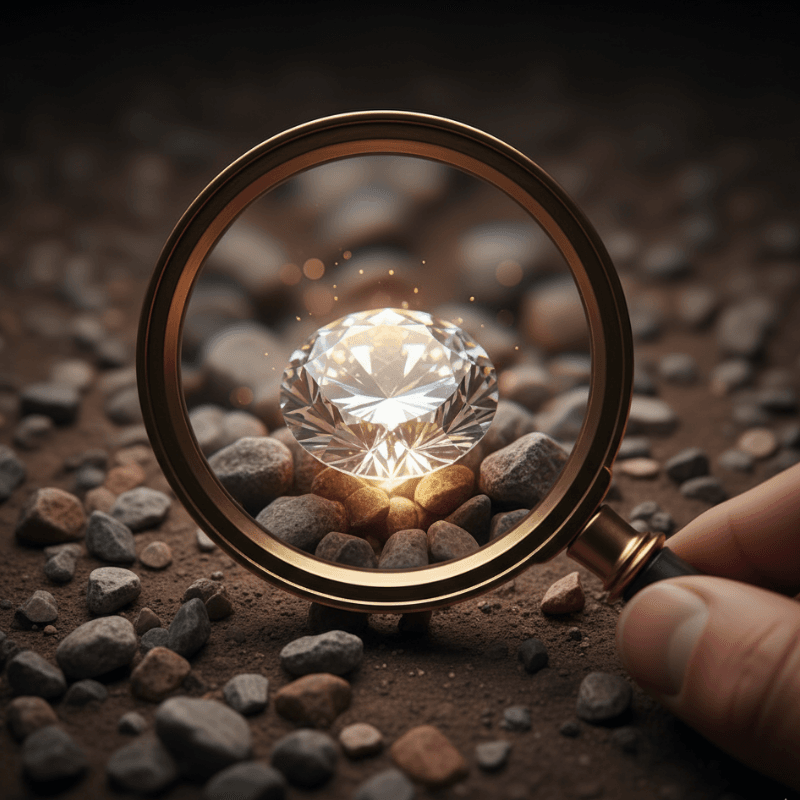 Magnifying glass finding a single, valuable diamond among small stones, symbolizing targetted Low Return Traffic