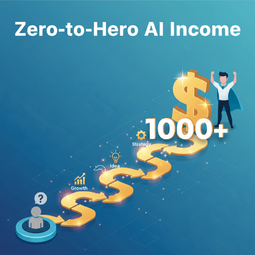 ​A 'Zero-to-Hero AI Income' infographic showing a person's journey from an idea to achieving over $1000+ income, symbolized by a path leading to a large dollar sign. Focus keyword: AI income.