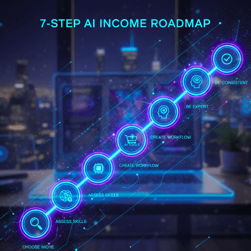 AI Marketers Club 7- step roadmap for high-earning AI income and scaling digital products.