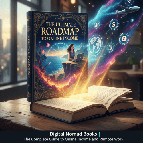 Location-Independent Lifestyle: The ultimate roadmap to online income guide book on a desk with a city view
