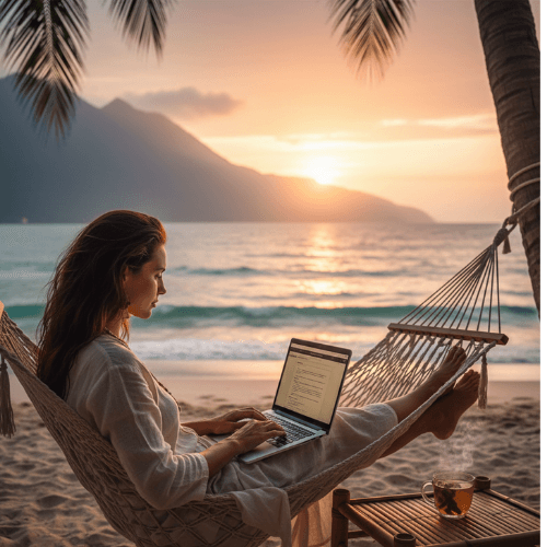 Location-Independent Lifestyle: Woman working on a laptop in a hammock on the beach at sunset