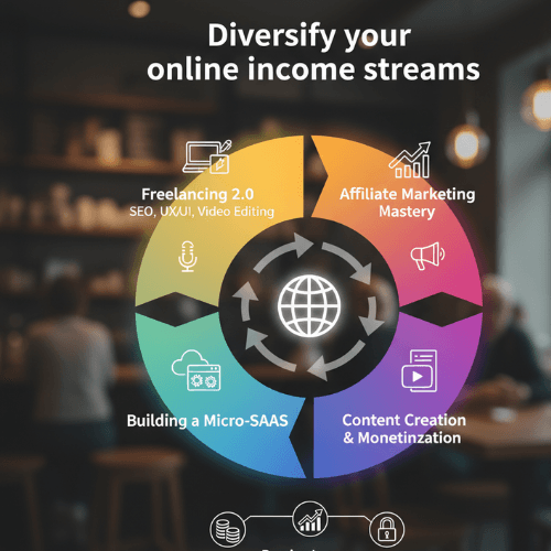 Diversifying online income streams for a location-independent lifestyle, showing freelancing, affiliate marketing, micro-SaaS, and content creation models