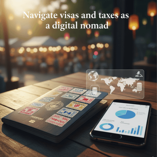Digital nomad navigating visas and taxes for a location-independent lifestyle, with passport, phone, and financial charts