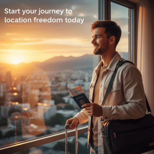 Man with passport and bag, ready to start his location-independent lifestyle journey, with text 'Start your journey to location freedom today