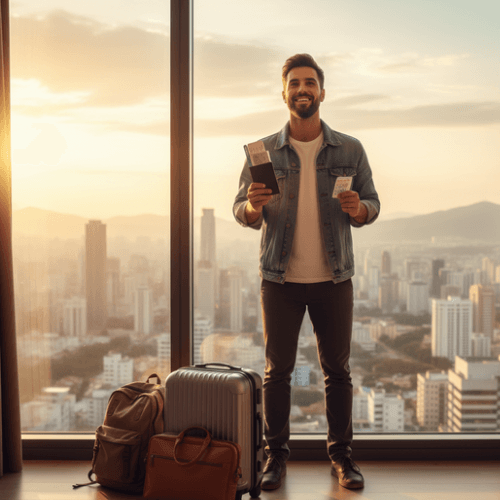Happy man with passport and luggage ready for a location-independent lifestyle journey overlooking a city at sunset