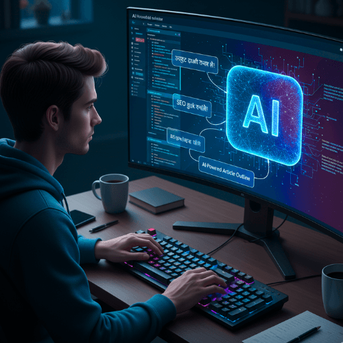 A young man is working at a computer monitor displaying graphics related to 'AI-Powered Article Outline' and 'SEO Draft,' symbolizing the use of Artificial Intelligence in content creation.