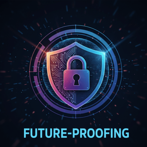 ​A futuristic graphic illustration showing a padlock centered inside a digital shield (security icon). The text 'FUTURE-PROOFING' is displayed below.