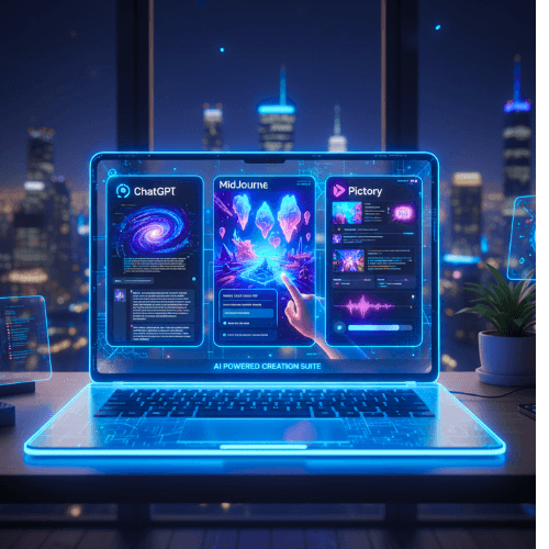 AI Powered Creation Suite featuring ChatGPT, MidJourney, and Pictory tools for digital product