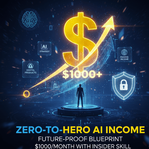 ​A detailed 'ZERO-TO-HERO AI INCOME' blueprint infographic, illustrating a path from a person standing on a platform to a large dollar sign with an upward arrow, indicating over $1000+ income. Various AI strategies and digital products are shown as steps to achieve AI income.